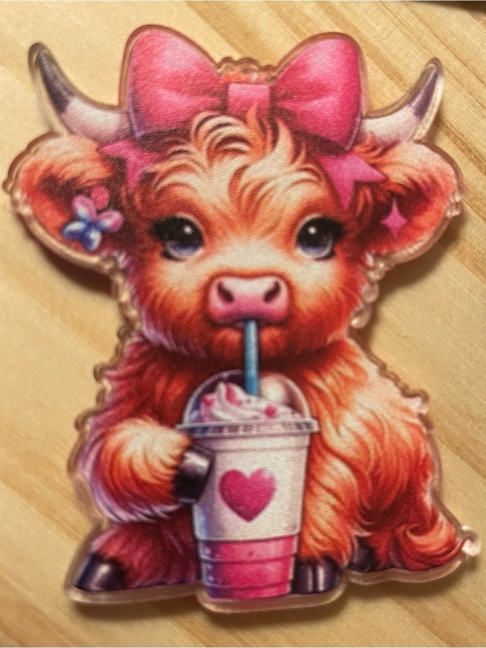 NEW Highland Cow Acrylic Charm Clip Pink Bow Frappe